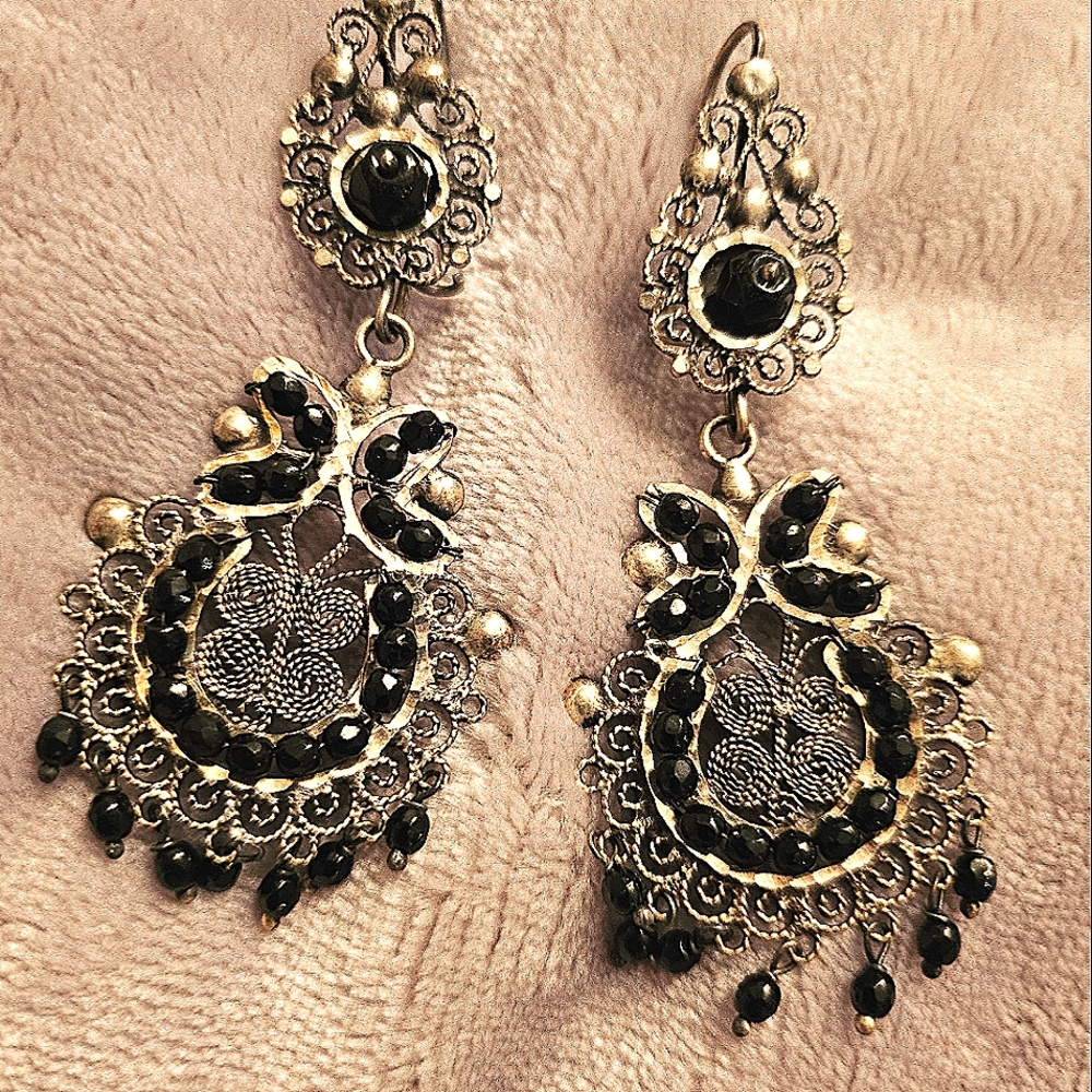 Silver and obsidian bead chandelier earrings